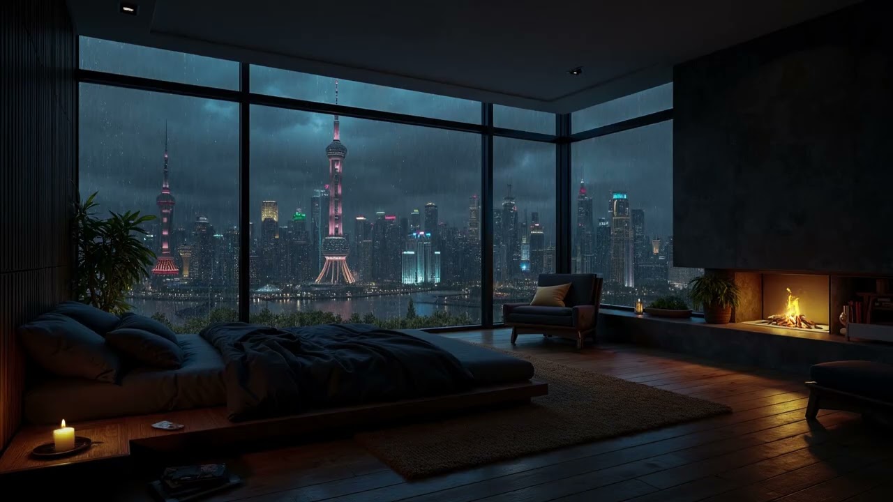 Stormy Night Over Shanghai | Cozy Apartment With Fireplace Crackling & Rain Sounds for Sleeping