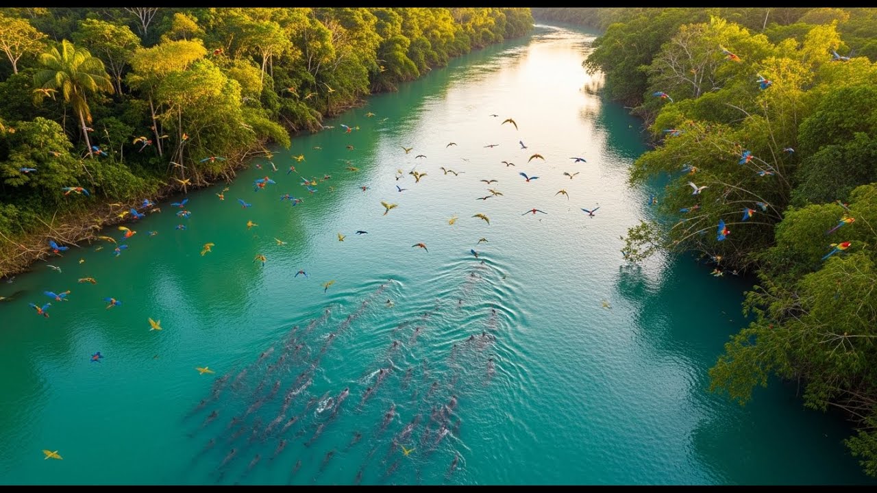 Relaxing Walk in the Amazon: Golden Hour Over the River — Dolphin Shadows & Bamboo Birds