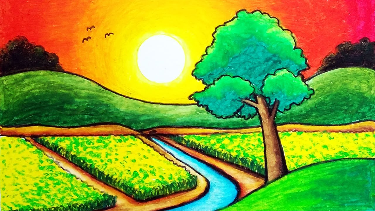 Cara Menggambar Pemandangan Sunset di Sawah | Menggambar Pemandangan Sunset Dengan Oil Pastels