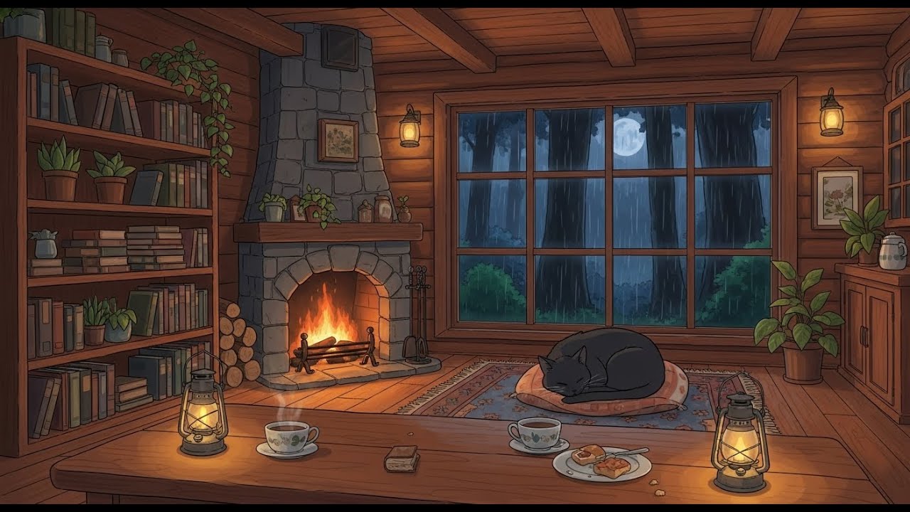 Calm Rainy Cabin Fireplace Night (4K) ☔🏡 | Peaceful Lofi Music for Unwinding