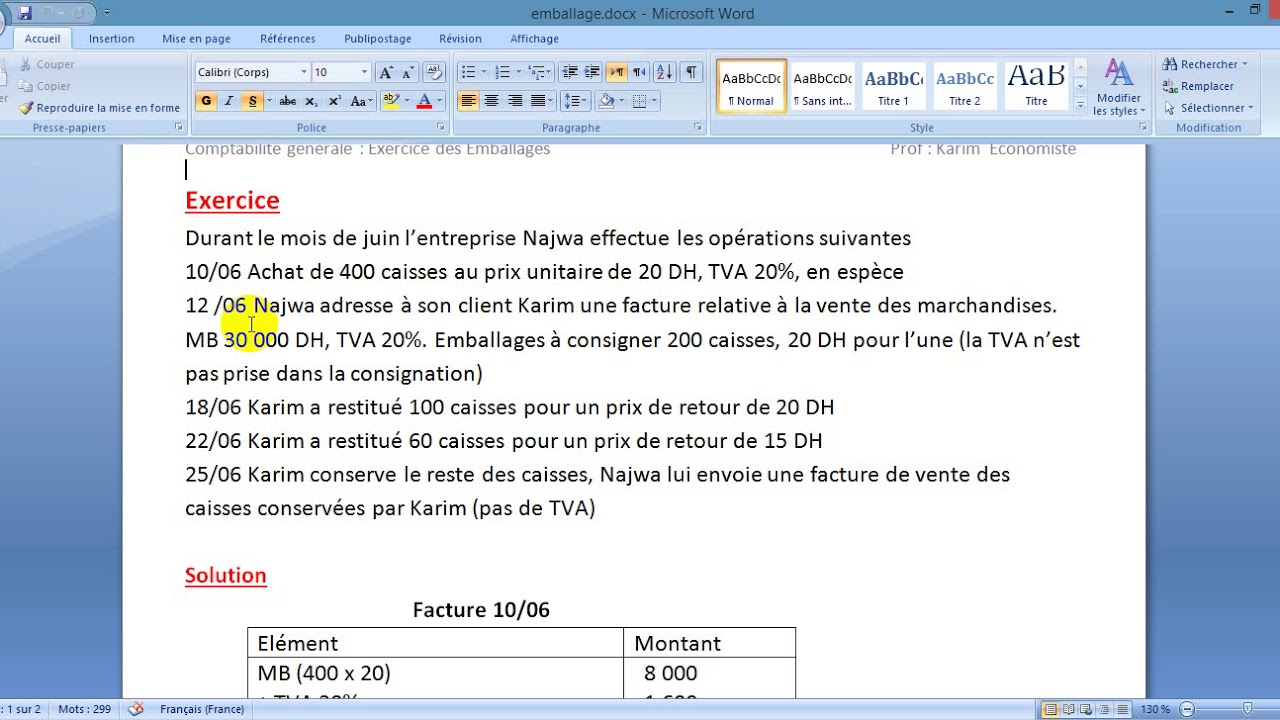 Comptabilité générale : Exercice d'emballages