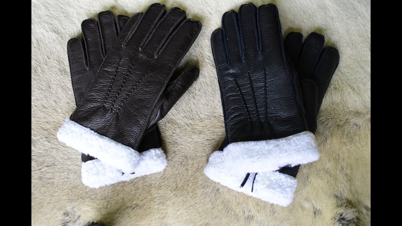 Black and Brown Winter Gloves with Lamb Fur Lining Deerskin Leather