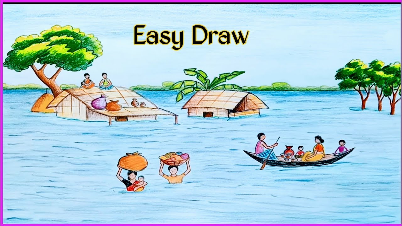 How To Draw Scenery of Flood Easy Step By Step tutorial flood drawing #flooddraw #drawing #scenery