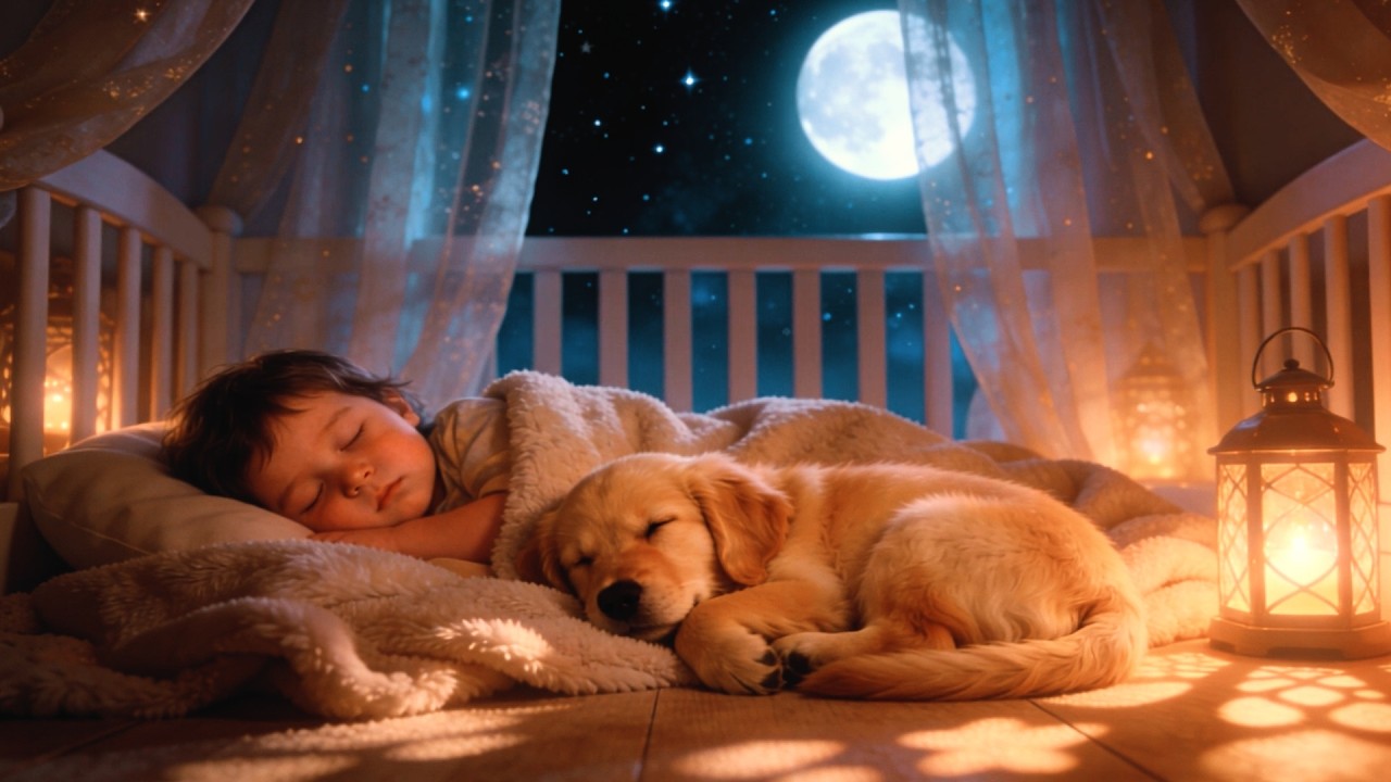 Gentle Moonlight Lullaby • Baby & Golden Puppy Sleeping in Crib Under Stars | ønebaby