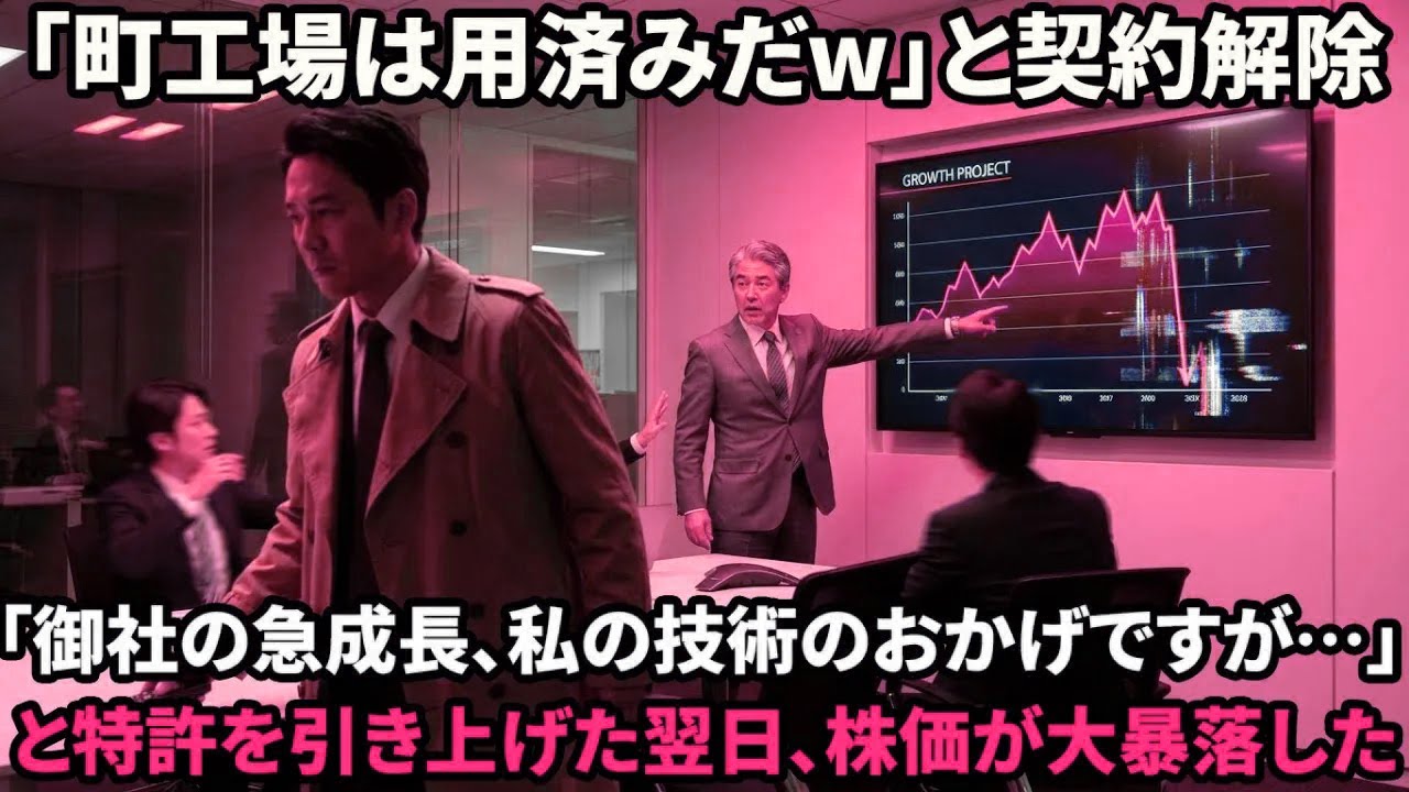 【スカッと】「ボロ工場の技術はいらんw」と取引停止。俺の特許のおかげで急成長したと知らない役員が、翌日に倒産危機に陥った理由w【感動する話】