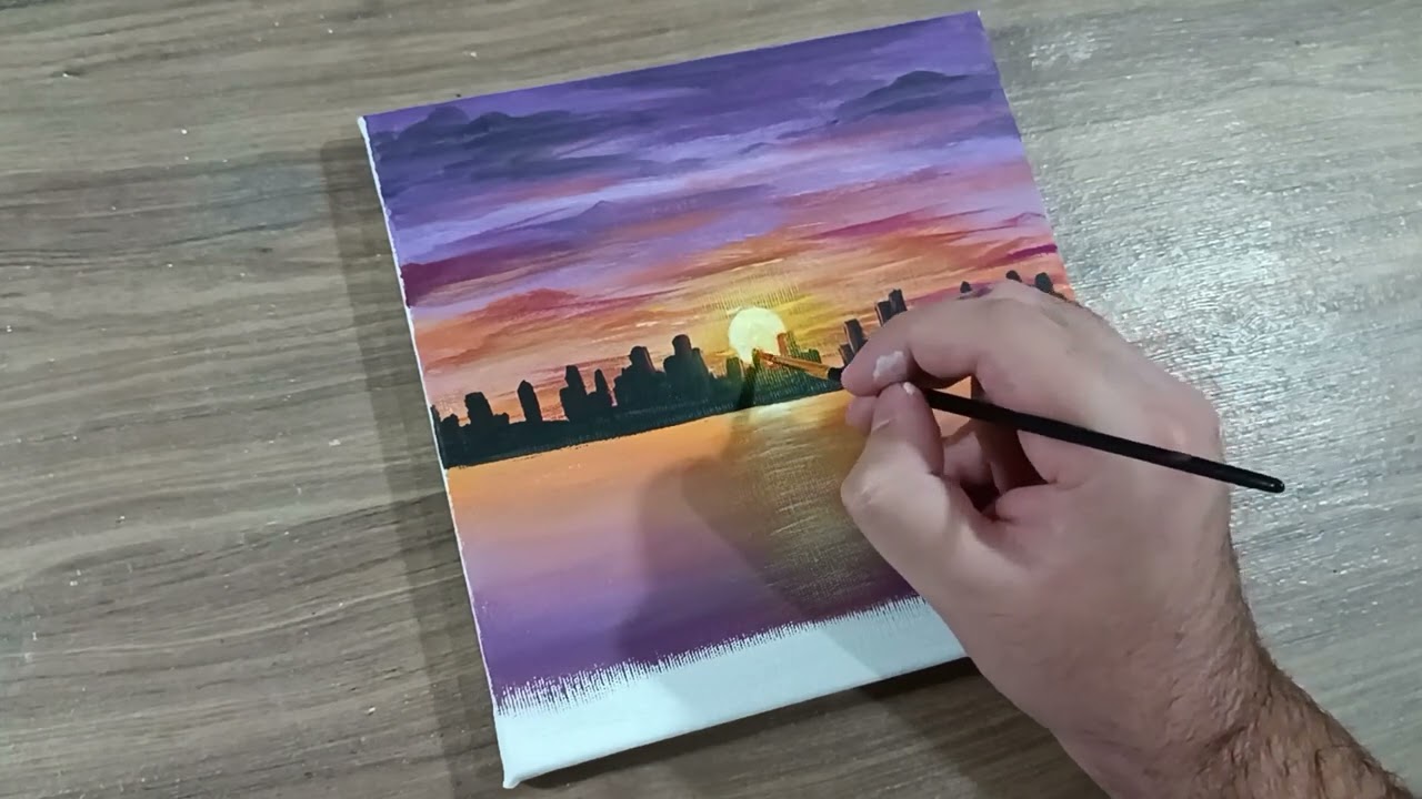 pintura acrílica/por do sol com prédios/ pintura iniciantes