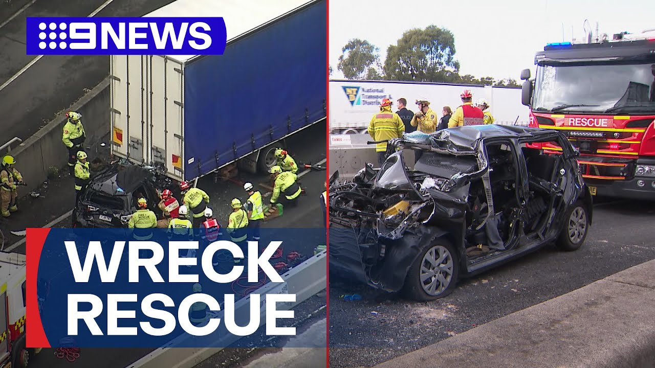 Woman rescued after horror crash on major motorway | 9 News Australia