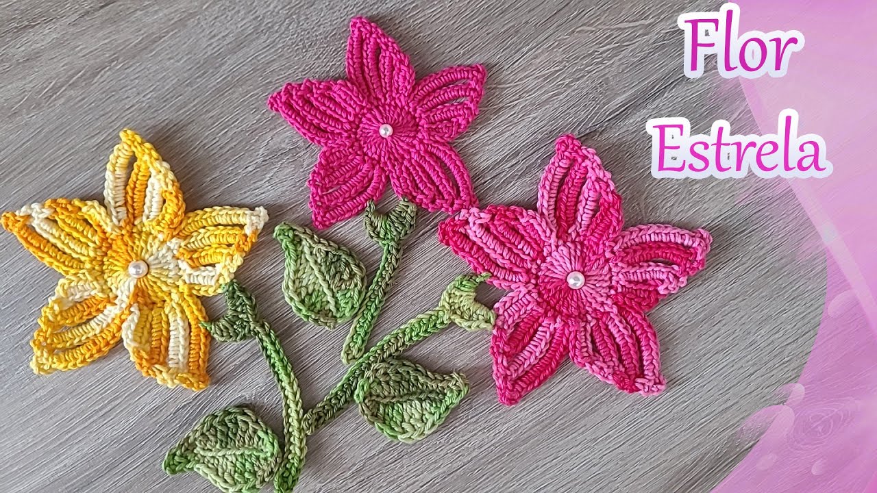 Flor rasteira estrela para aplicação crochê - Simples  - Ecônomico - Vídeo aula - Passo a passo.