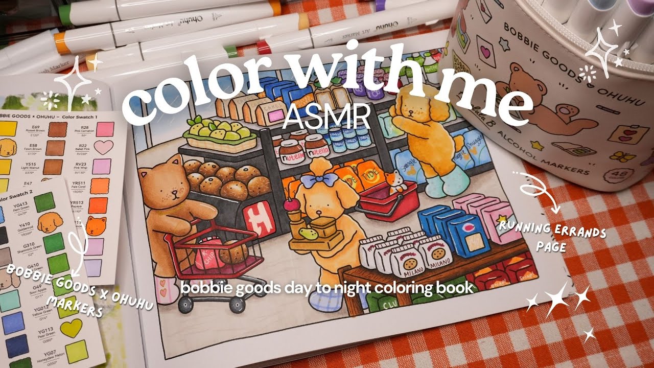 ASMR color with me 🛒 Bobbie Goods Day to Night coloring 'Running Errands’ using BG x Ohuhu markers