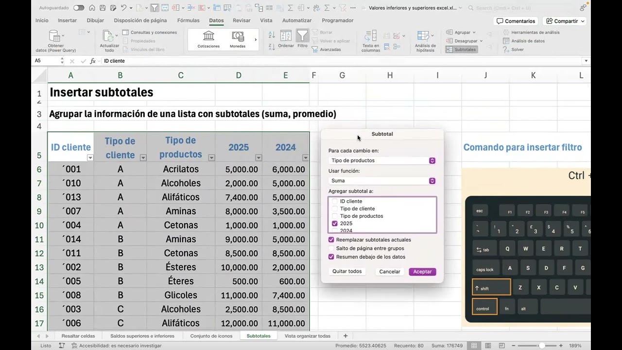 Insertar subtotales debajo de una agrupación de datos en Excel