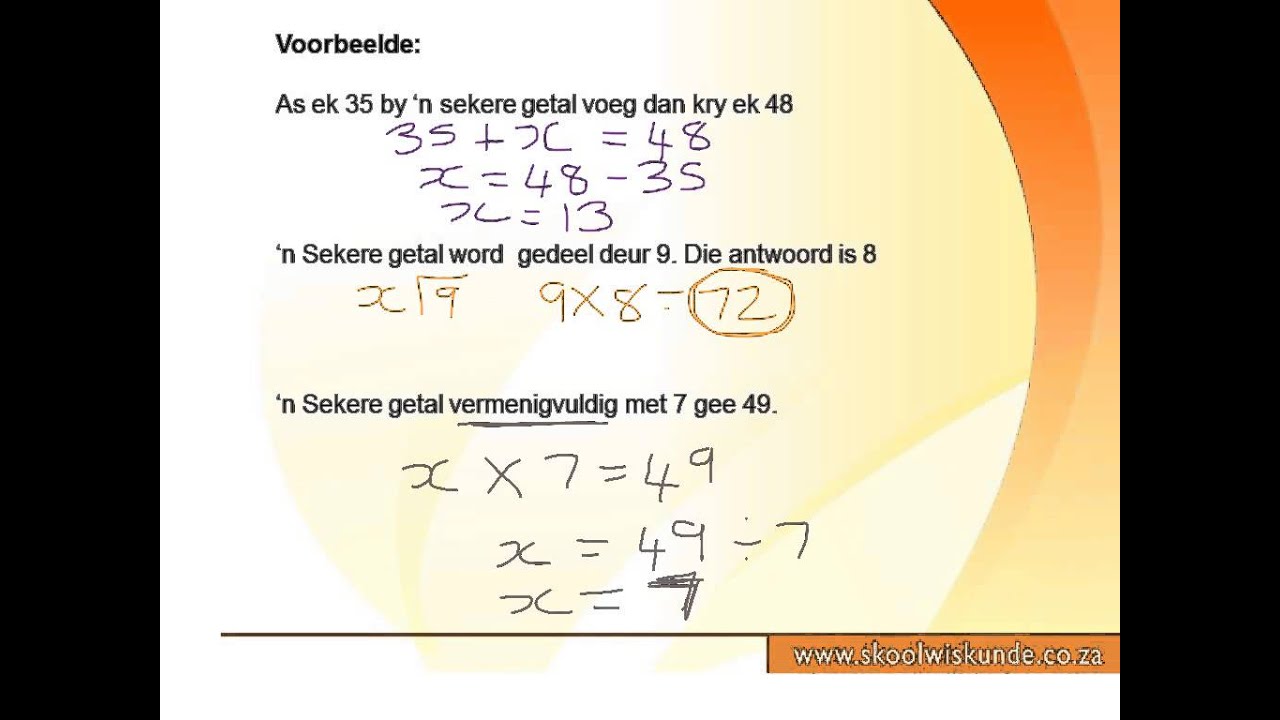 Graad 7 Algebraiese vergelykings