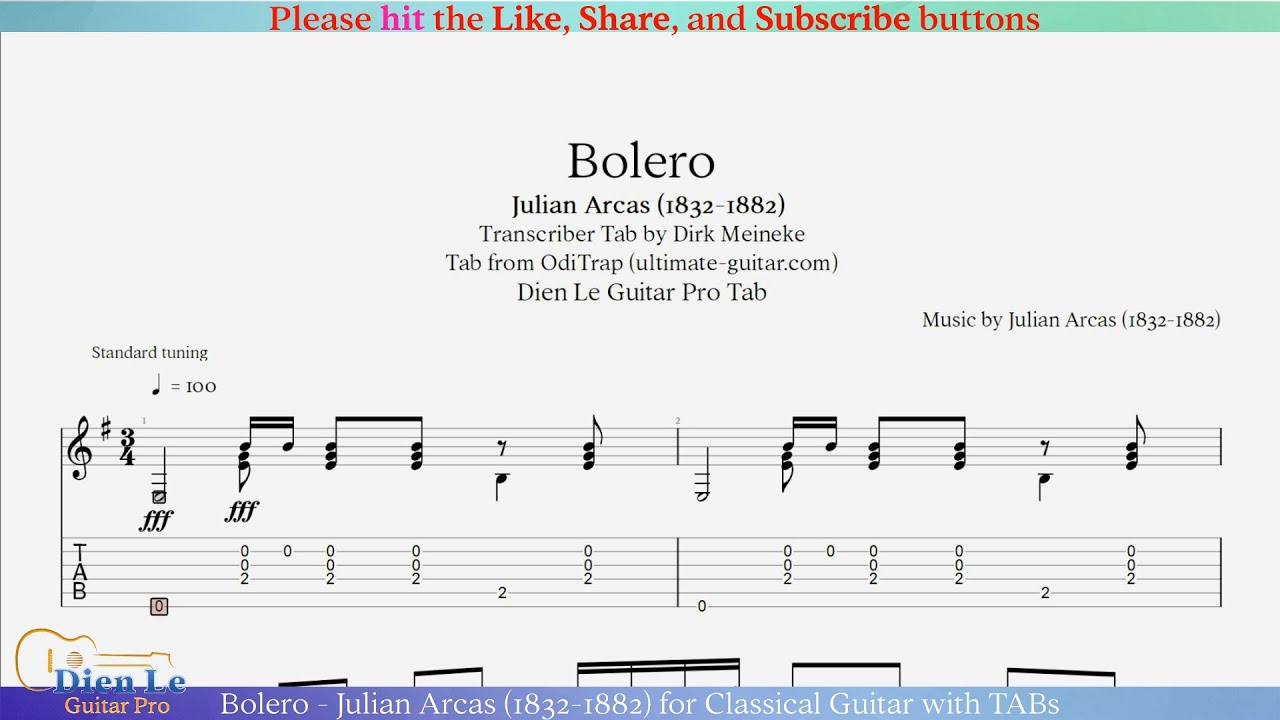 Bolero - Julian Arcas (1832-1882) for Classical Guitar with TABs