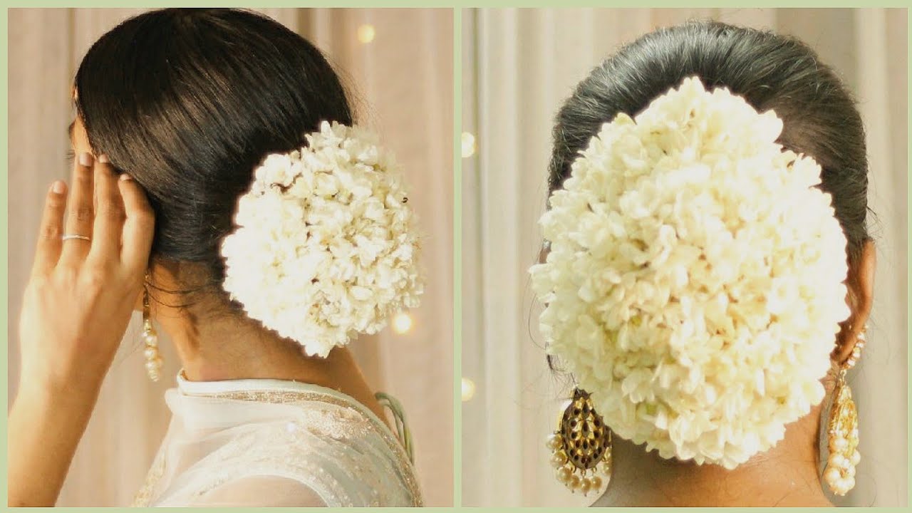 Traditional Bun Hairstyle for saree | hairstyle  with Jasmine flower  | Hairstyle for medium hair