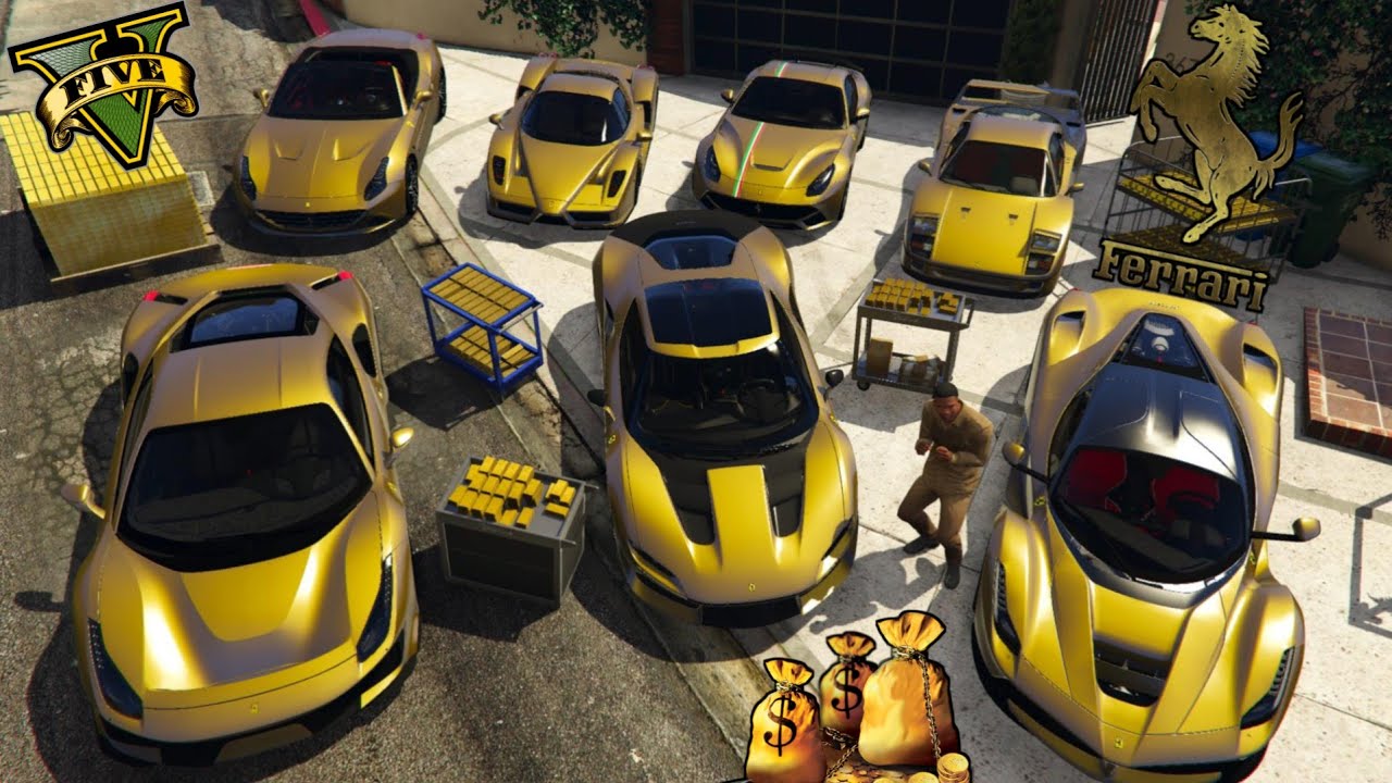 GTA 5 - Stealing $100,000,000 Super Ferrari Gold Cars with Franklin |  (GTA V Real Life Cars #65)