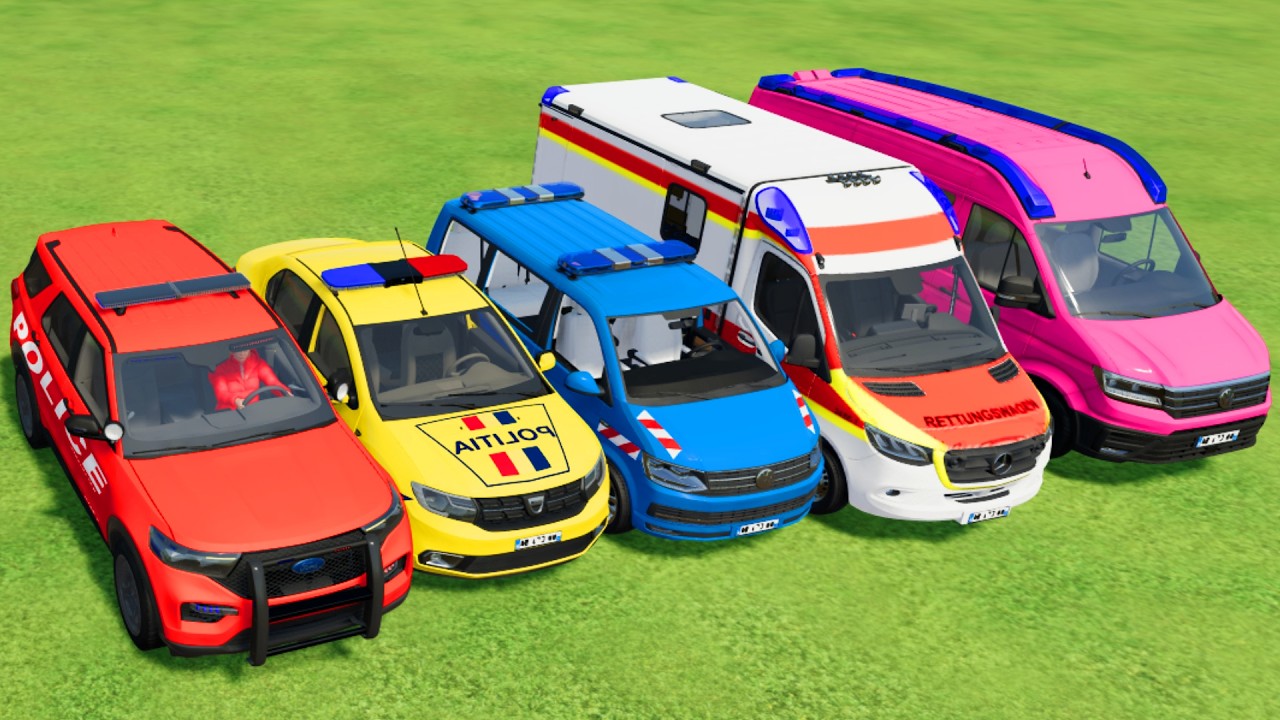 TRANSPORTING POLICE CARS, AMBULANCE, FIRE TRUCK, COLORFUL CARS WITH TRAIN -FARMING SIMULATOR 22!