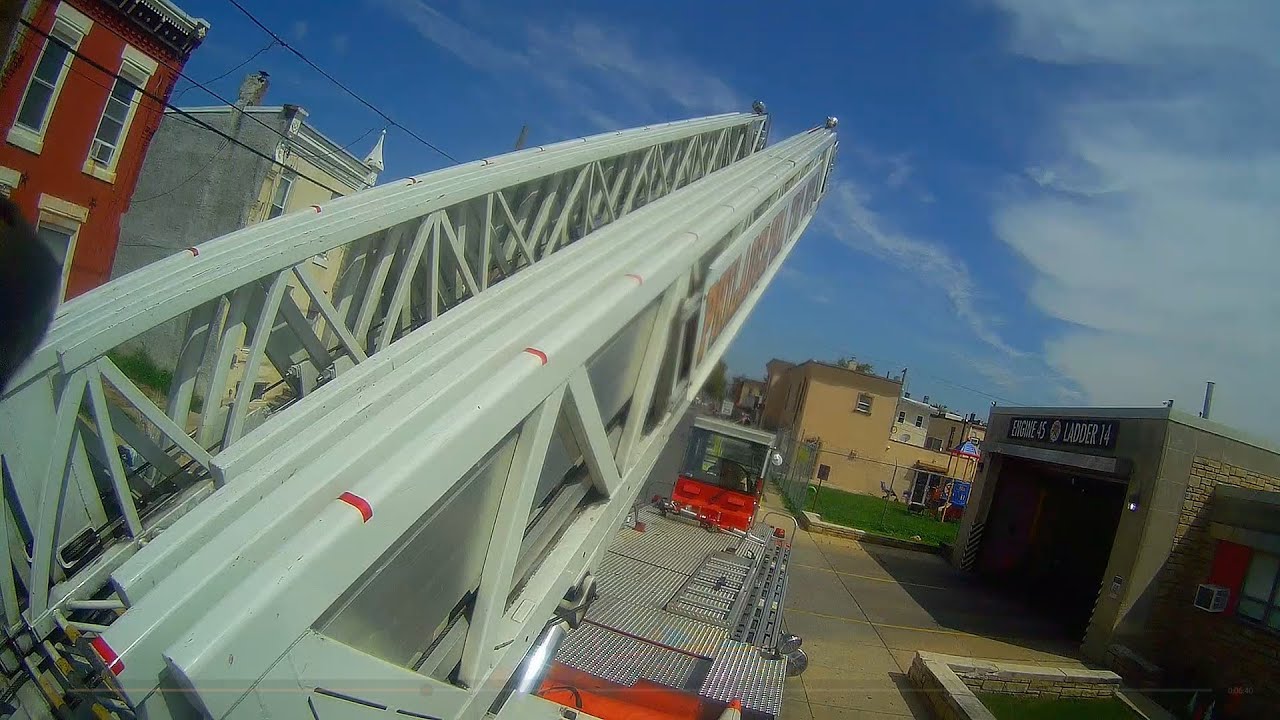 100 ft Main Ladder Raise and Climb. Aerial View of North Philadelphia, Center City Skyline