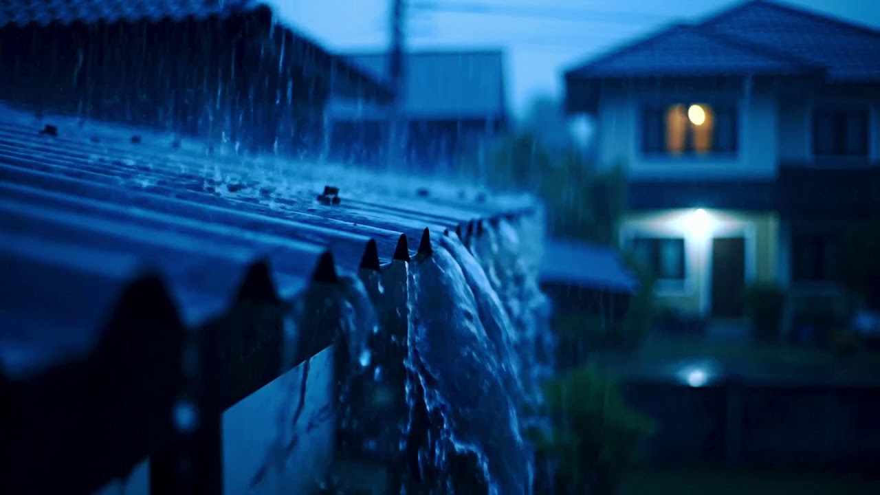 Nighttime Rain ASMR on Tin Roof Home, Dense Neighborhood Atmosphere for Calm Dee p Sleep 94