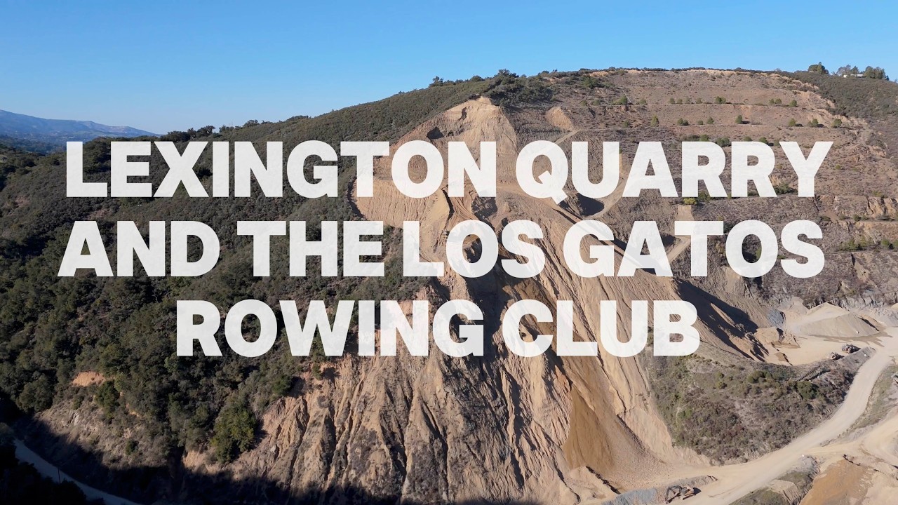 Bulldozer on a cliff at the Los Gatos Quarry and the L.G. Rowing club at Lexington.