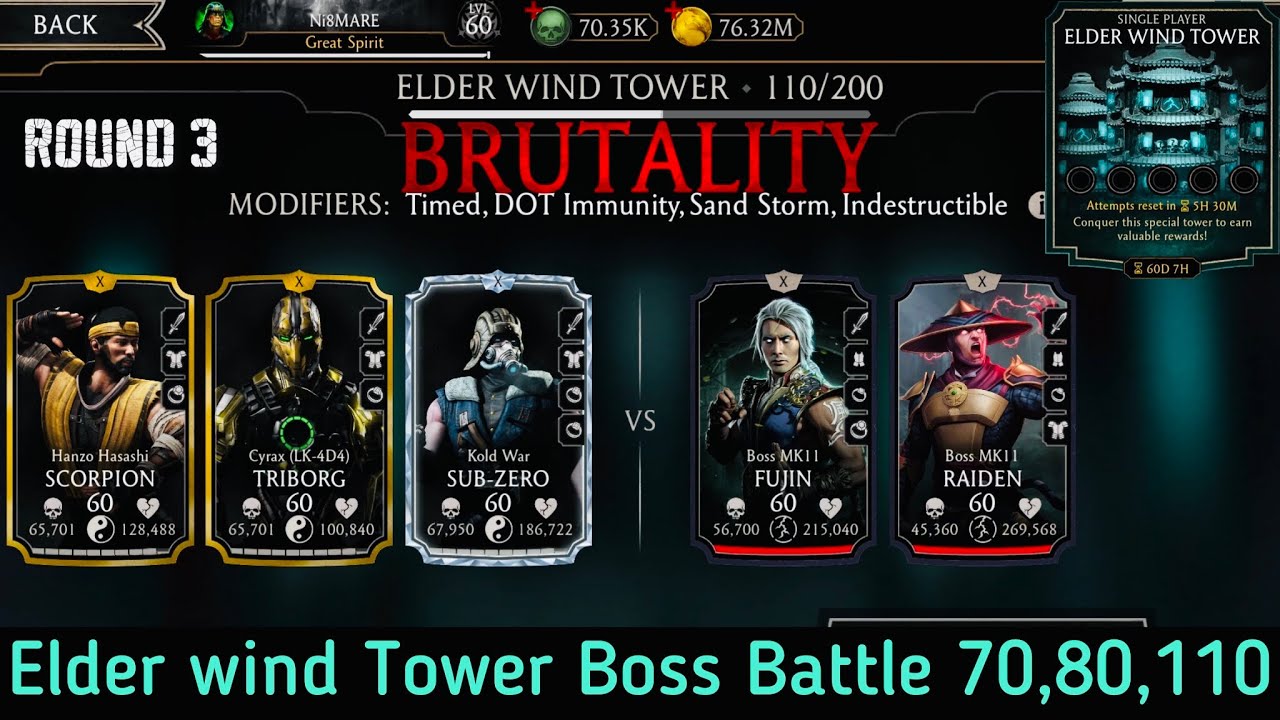 Elder wind Tower Bosses Battle 70,90,110 Fight + Reward | MK Mobile