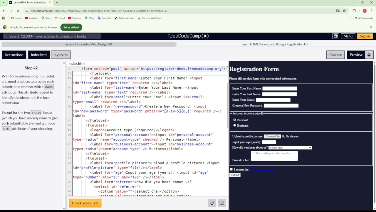 الحلقة 4  Registration Form  freeCodeCamp  تبسيط دروس الموقع المجاني للمبتدئين