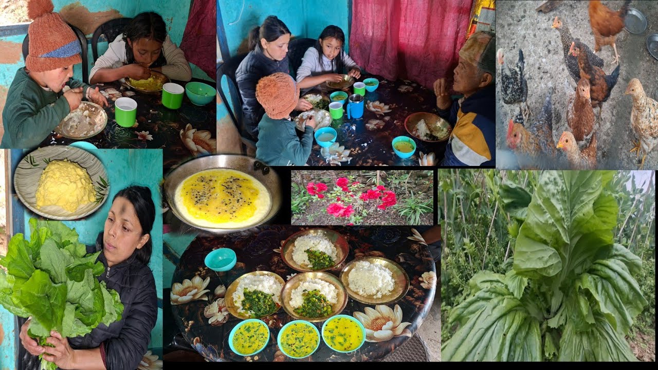 Organic Butter mohi rayo saag simple Veg Khana Cooking and Eating with Family || Village vlog ||