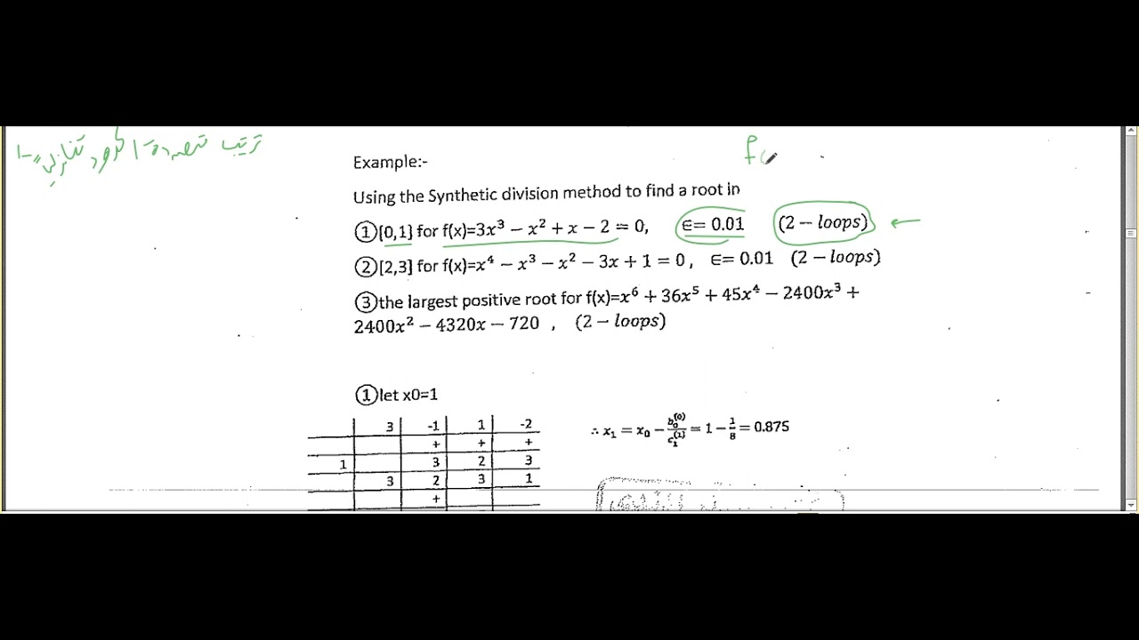 التحليل العددي: طريقة القسمة التركيبية لحل معادلة غير خطية بمتغير واحد (synthetic division metod)