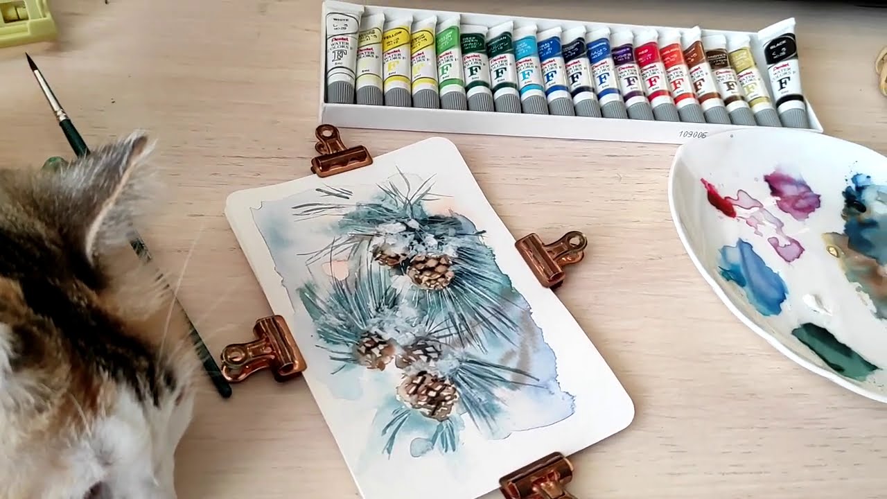 Мастер-класс#74 Открытка с шишками акварелью Pentel