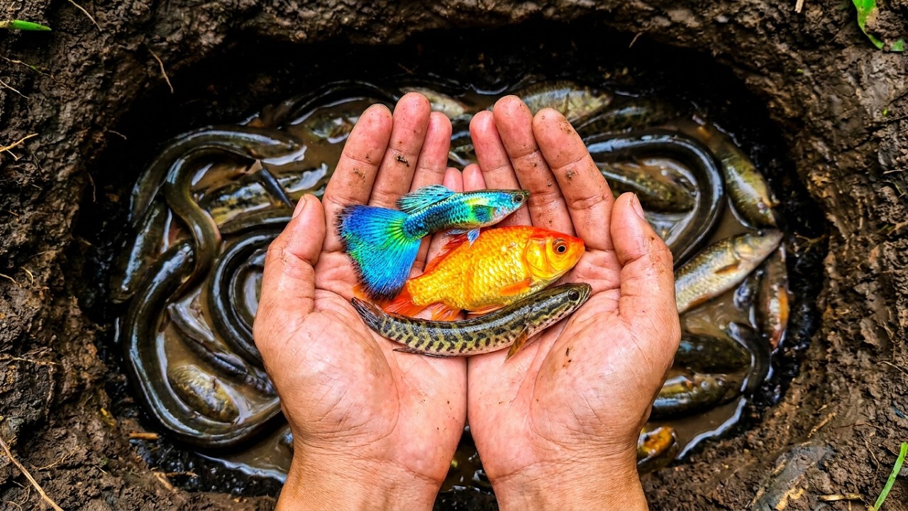 The incredible catch colorful aquarium fish in small pond: dragon guppy, turtle, iguana, snakehead