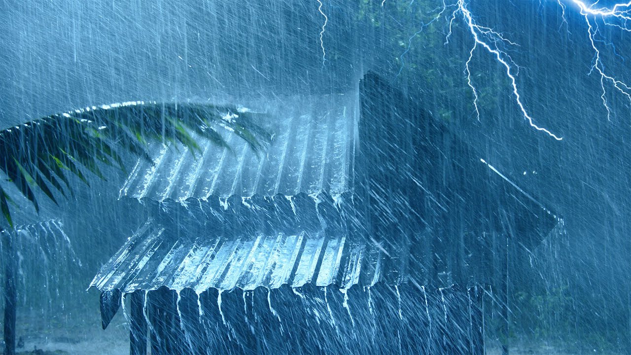 Hurricane, Night Thunderstorm Ambience for Sleeping | Torrential Rain, Mighty Thunder & Strong Wind