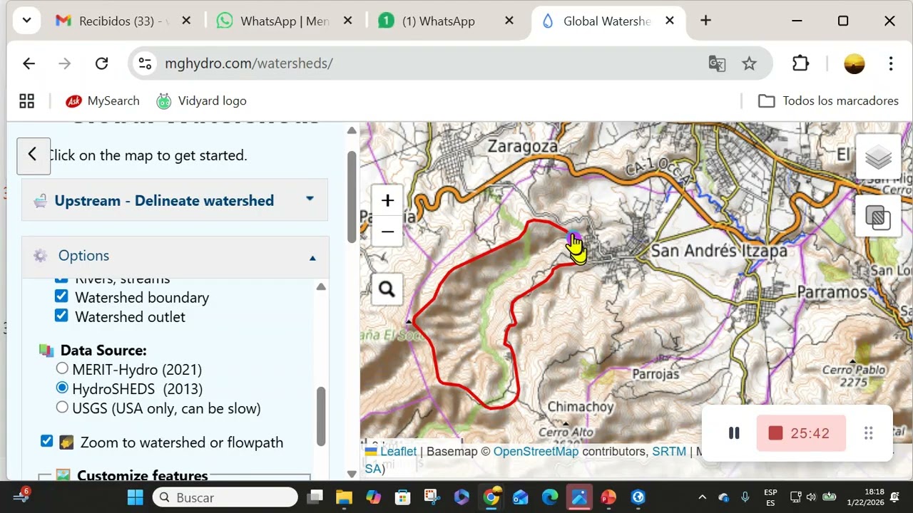 Delimitación de cuencas y generación de reporte con https://mghydro.com/watersheds/