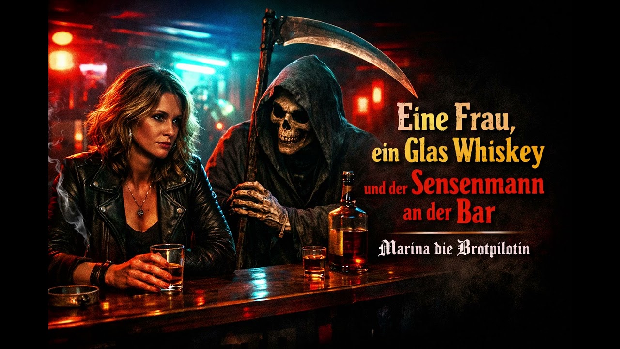 Eine Frau, Ein Glas Whiskey Und Der Sensenmann An Der Bar