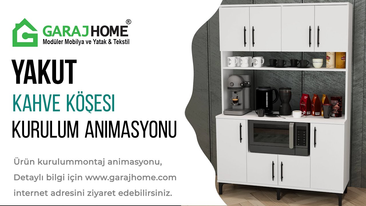 Garaj Home - Yakut Çok Amaçlı Kahve Köşesi Dolabı Kurulum Animasyonu ( 8 Kapaklı - 120 cm )