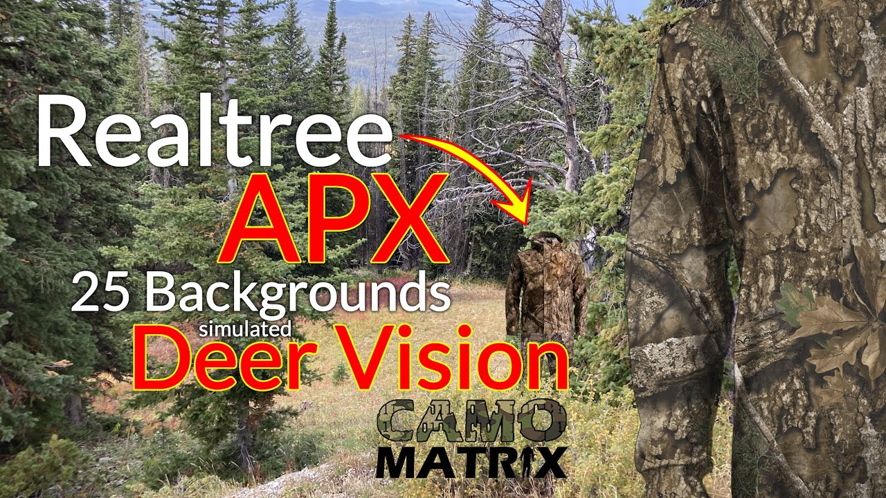 Realtree APX hunting camo in Human and Deer Vision on 25 Backgrounds