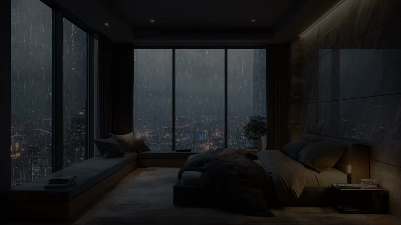 Stormy Night Rain Over Skyscrapers Viewed From A Quiet High Rise Bedroom Retreat