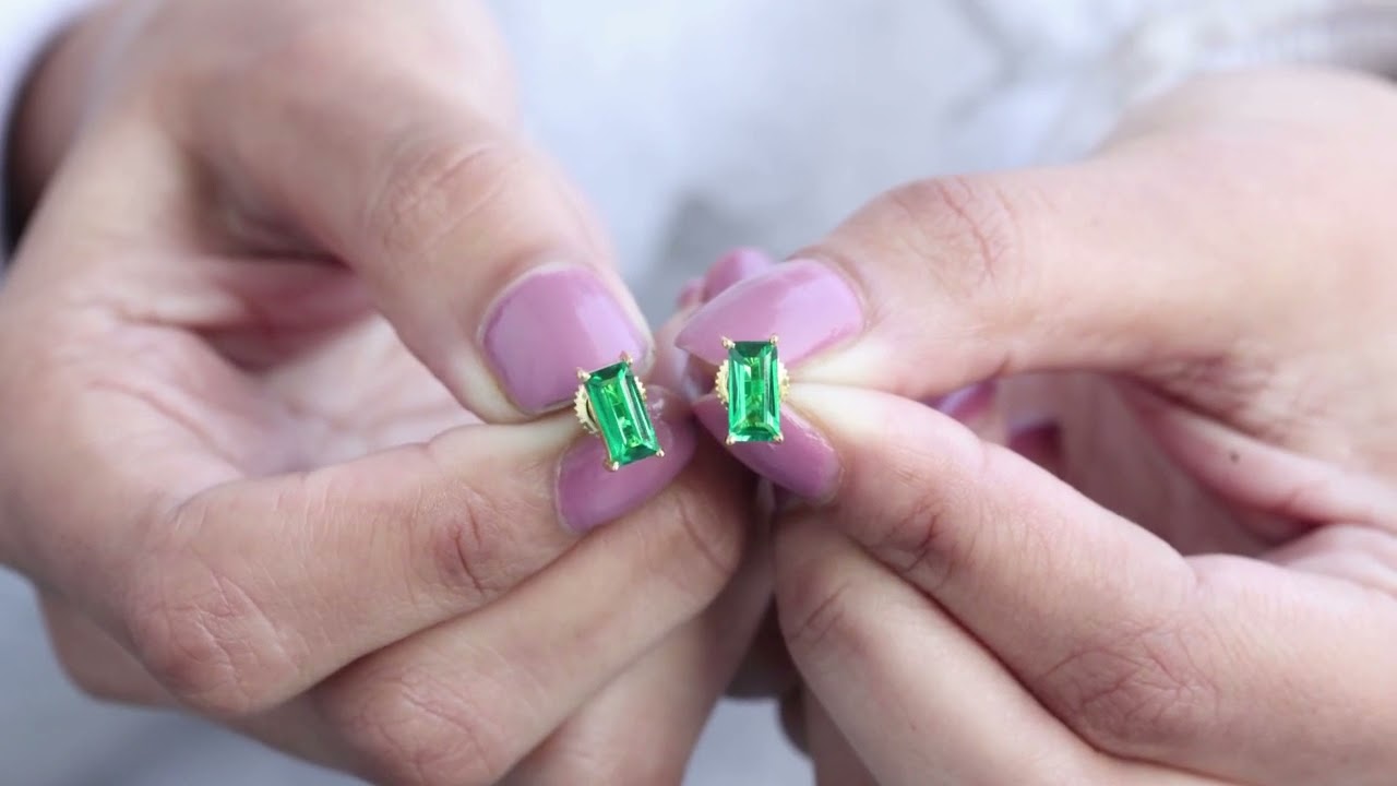 Solitaire Stud Earrings, 8X4 MM Baguette Cut Diffused Emerald Earrings, Gold Stud Earrings