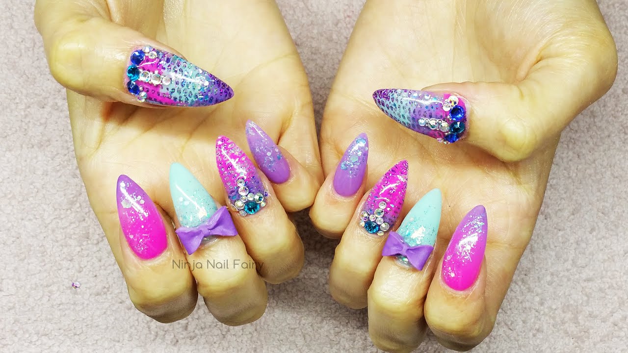 Mermaid tail inspired acrylic nail art | summer nails | glitter