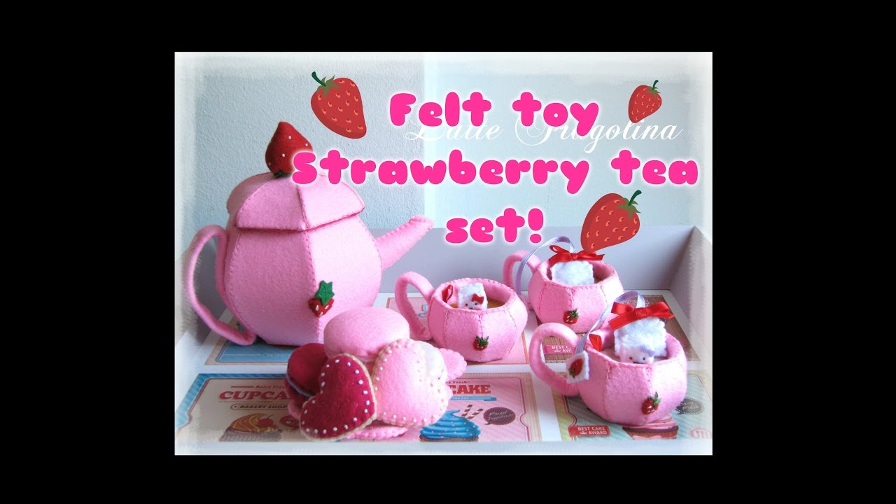 Strawberry Tea set with macaron & cookies felt toys - Felt food toys for children removable tea