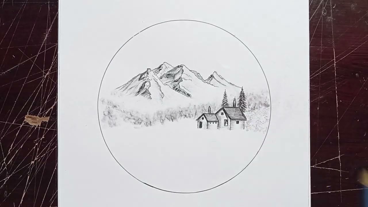 Ideas of Drawing Mountain Scenery with a Riverside and Cabin | Circle Drawing Tutorial