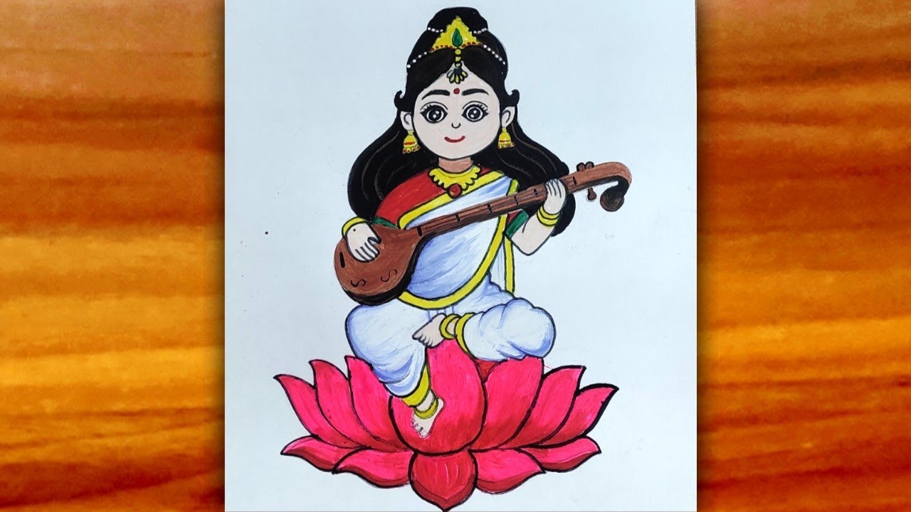 Saraswati Maa Drawing With 20 ₹ Poster Colour| Colour Drawing Of Maa Sarswati  @MommysArt 