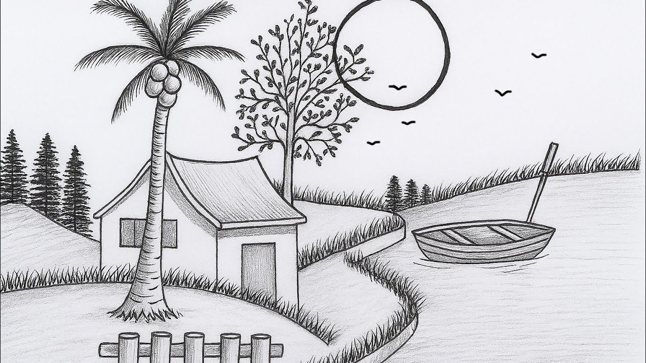 प्राकृतिक दृश्य चित्र  सिखाये/village scenery drawing #easydrawing 