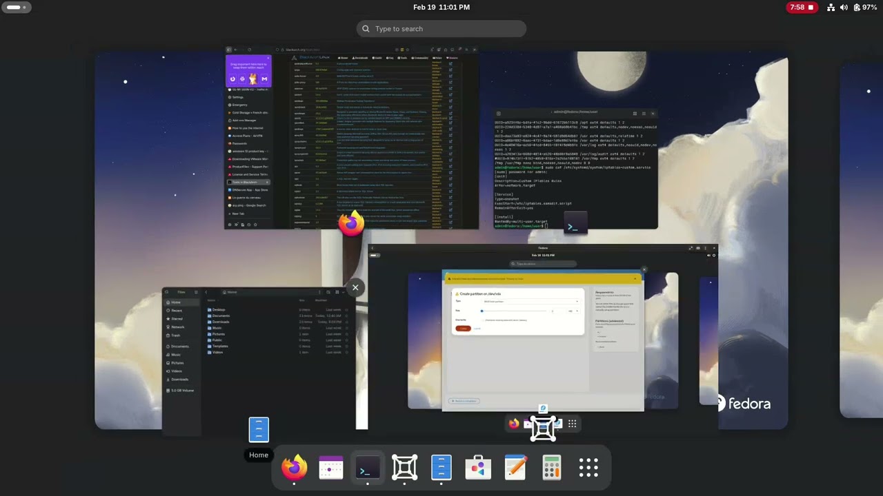Successful install of Fedora Workstation 43 - secure partitioning - bind mount - iptables systemd