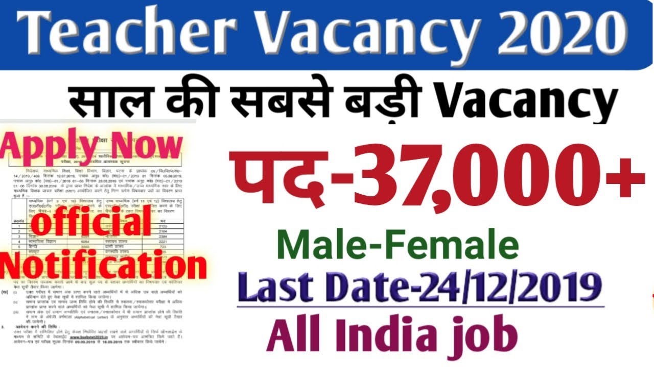 Teacher Recruitment 2019| प्राइमरी शिक्षक की भर्ती 2020| Govt jobs in Jan 2020| All India job 2020