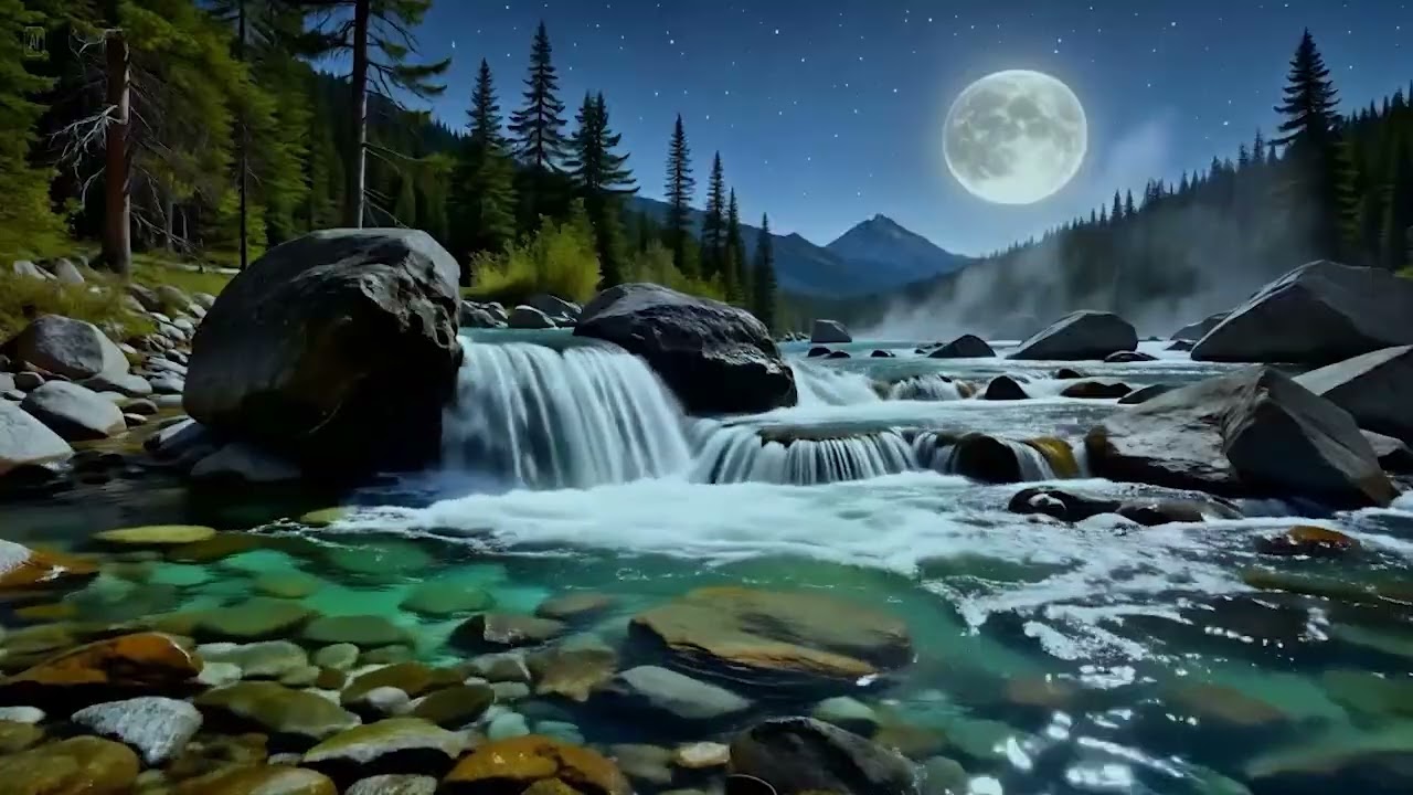 Milky Way Night River Sounds 🌌💦 Waterfall + Flowing Water for Deep Sleep