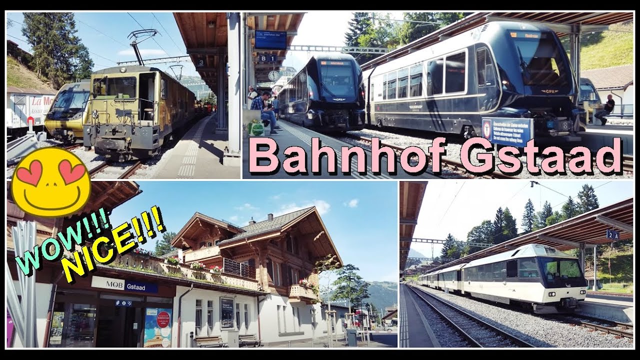 Busse und viele Züge beim Bahnhof Gstaad | Kanton Bern | Schweiz 2023