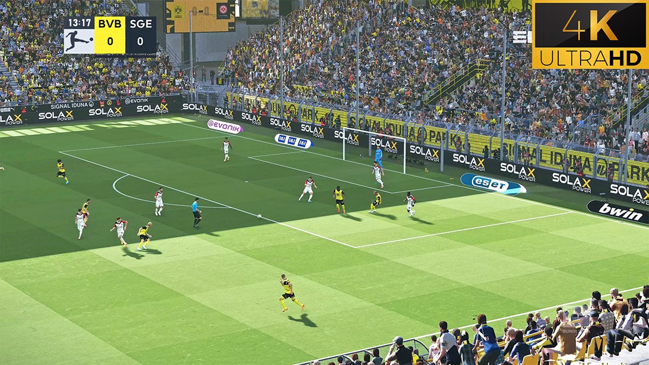 4K | Ультрареалистичные звуковые и графические моды для PES 2024 | Боруссия Дортмунд &mdash; Франкфурт ...