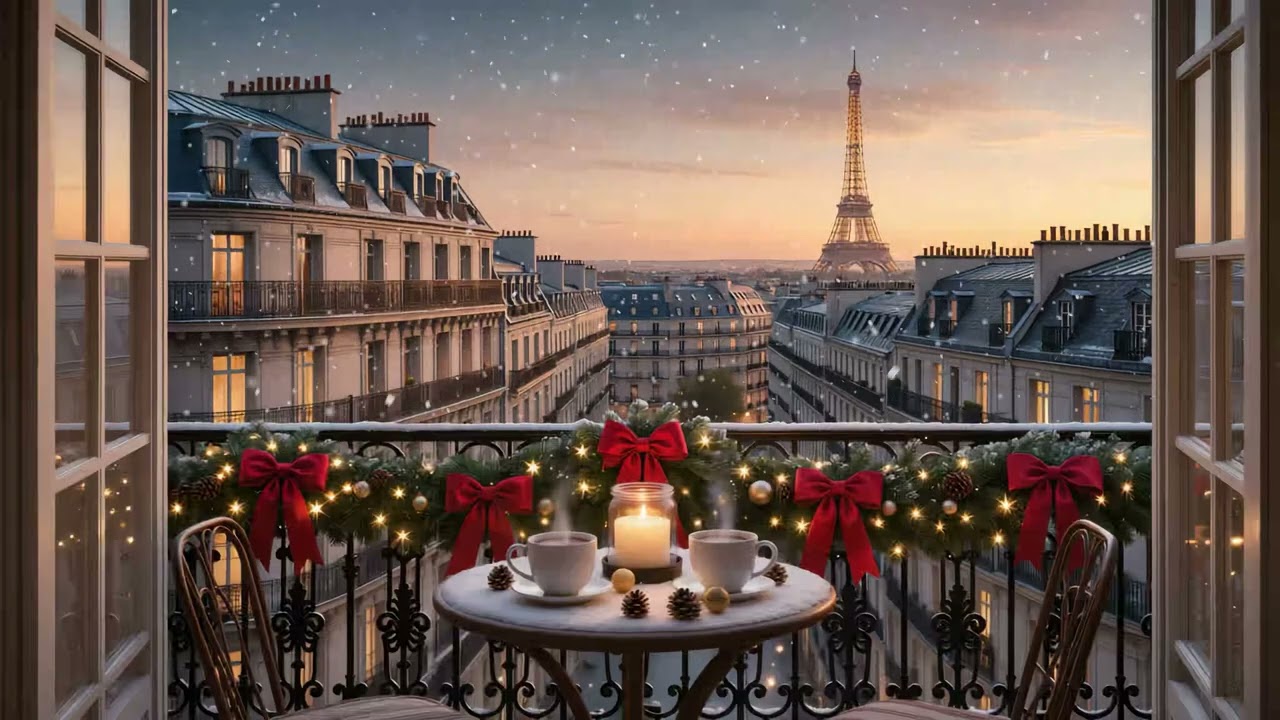 Paris Christmas Balcony Ambience ☕❄️ Cozy Jazz & Snowy City View 4K