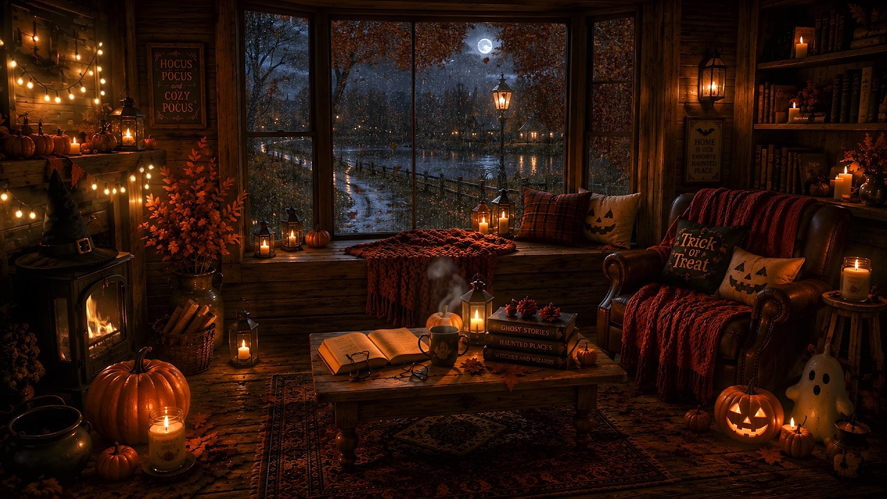 Cozy Autumn Halloween Reading Nook 📚🎃 Rain and Thunder, Fireplace Crackling for Sleep, Study