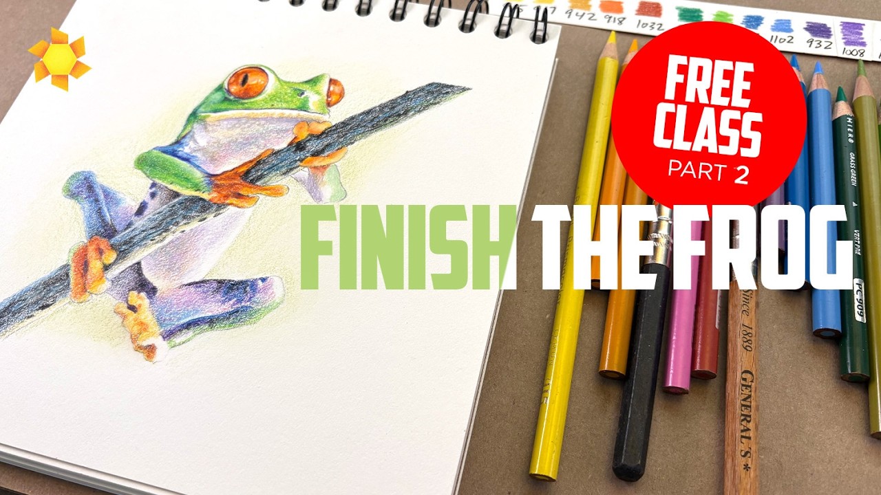 Draw-along tree frog in colored pencil (Free class part 2)
