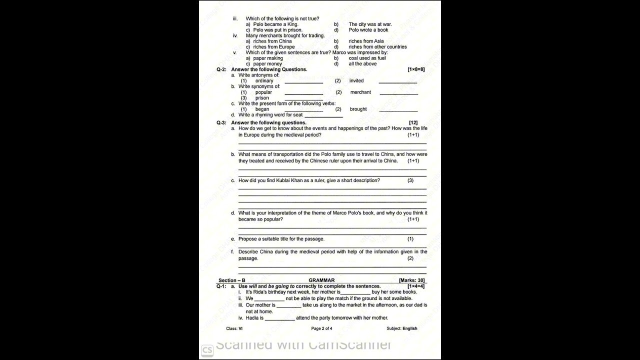 English Final Term Paper Class 6  2024 APS Garrison Schools 