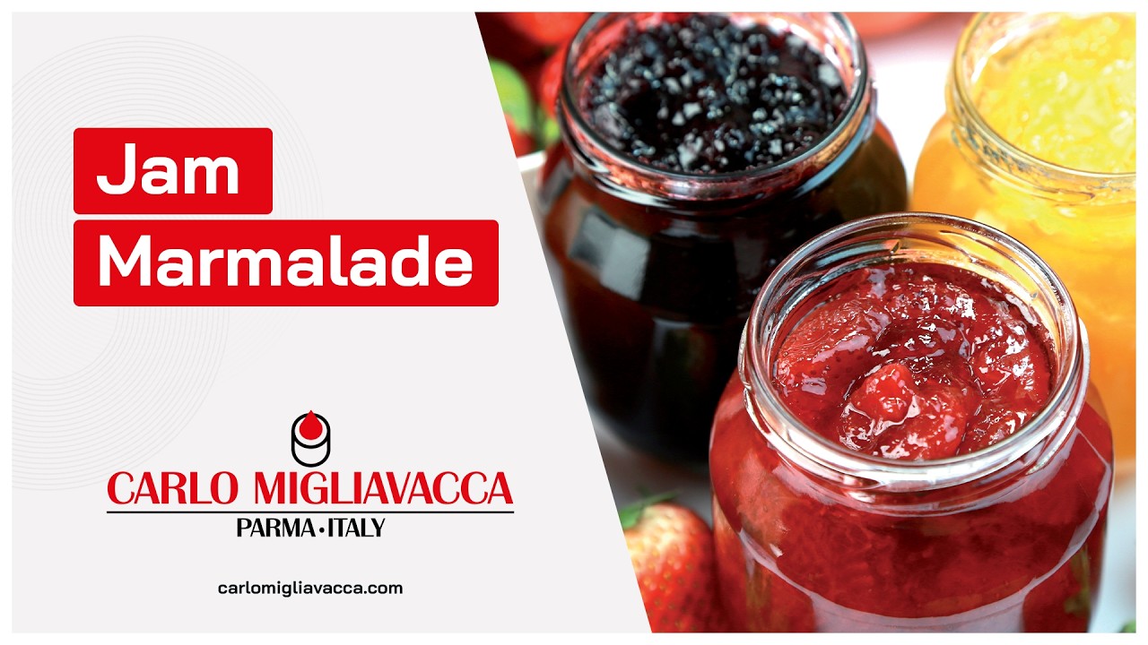 Riempimento di confetture e marmellate di frutta in vasi di vetro e secchielli in plastica